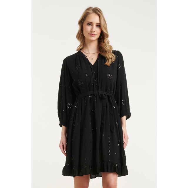 Smashed Lemon Zwarte midi jurk met subtiel goudkleurig bloem borduursel | 8718679040556 large