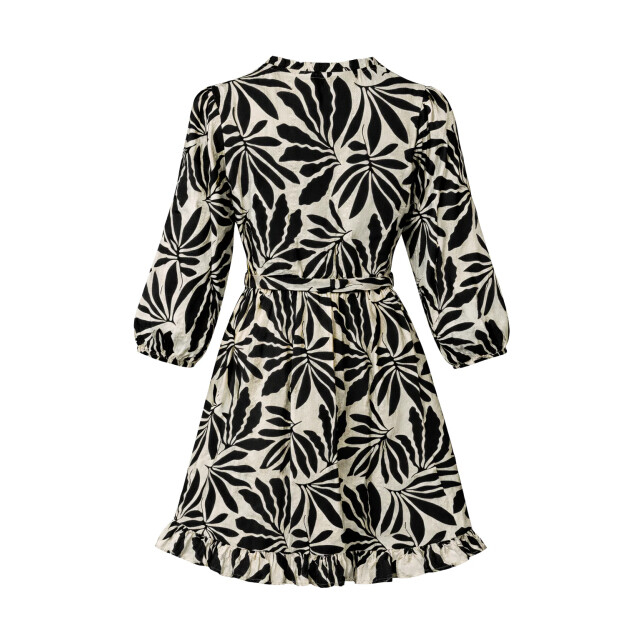 Smashed Lemon Zwart-beige bladerenprint jurk met ceintuur | 8718679040471 large