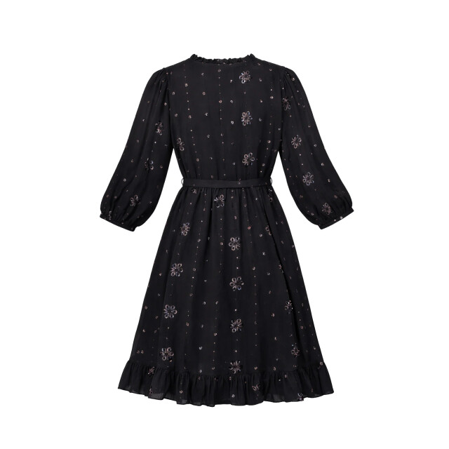 Smashed Lemon Zwarte midi jurk met subtiel goudkleurig bloem borduursel | 8718679040556 large