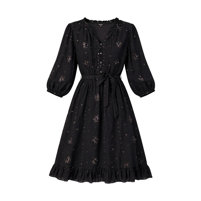 Smashed Lemon Zwarte midi jurk met subtiel goudkleurig bloem borduursel | 8718679040556 large