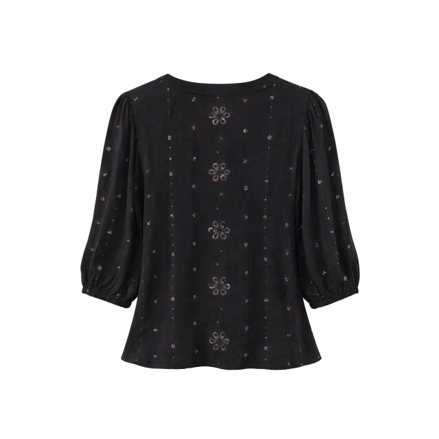 Smashed Lemon Zwarte blouse met subtiel goudkleurig borduursel en v-hals | 8718679040792 large