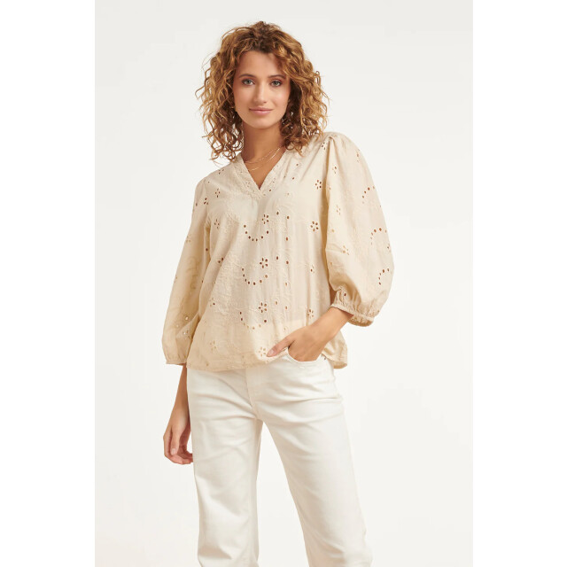 Smashed Lemon Crème blouse met broderie details en lange mouwen | 8718679041034 large
