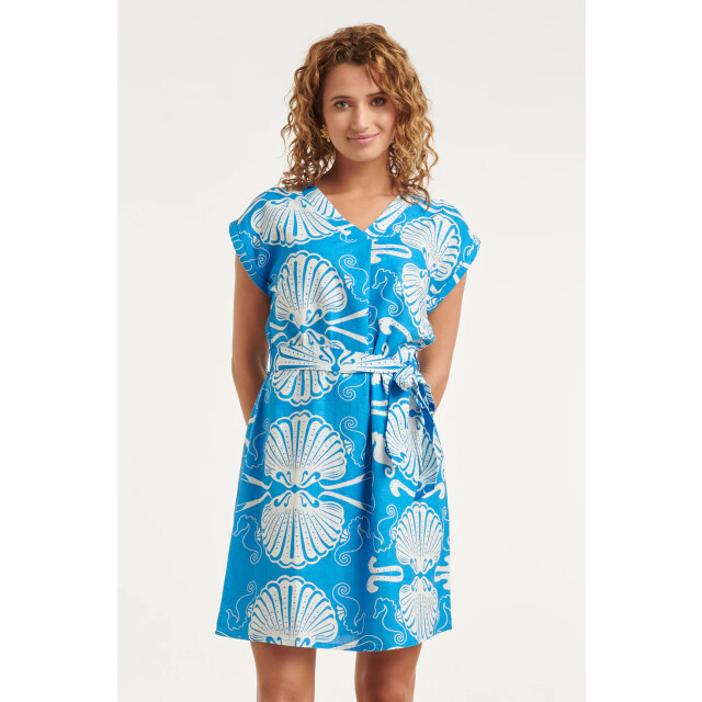 Smashed Lemon Blauwe jurk met witte schelpenprint en ceintuur | 8718679039994 large