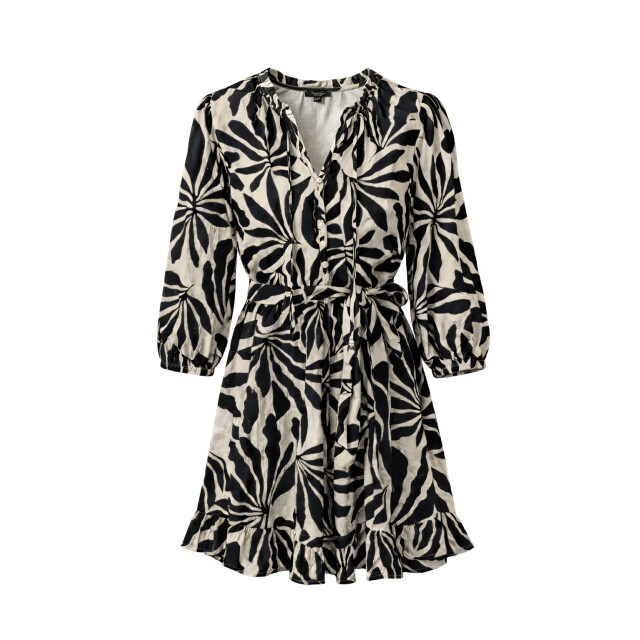 Smashed Lemon Zwart-beige bladerenprint jurk met ceintuur | 8718679040471 large