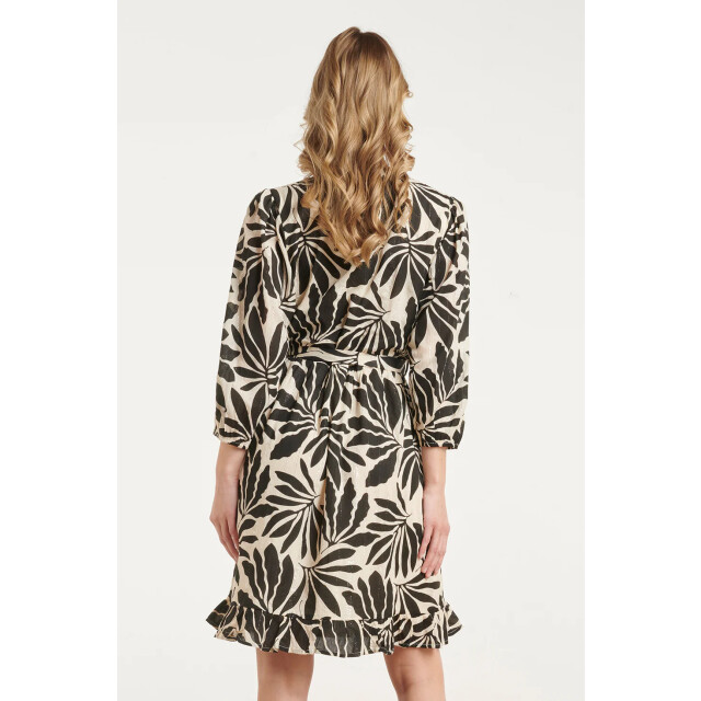 Smashed Lemon Zwart-beige bladerenprint jurk met ceintuur | 8718679040471 large
