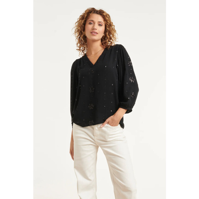 Smashed Lemon Zwarte blouse met subtiel goudkleurig borduursel en v-hals | 8718679040792 large