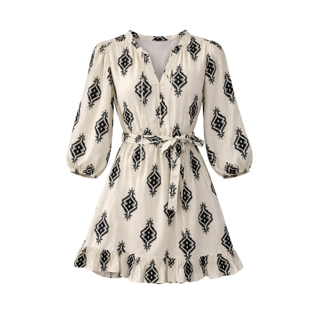 Smashed Lemon Crème jurk met zwarte geometrische print en ceintuur | 8718679040716 large