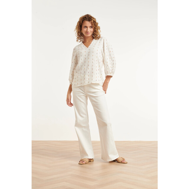 Smashed Lemon Witte blouse met subtiele multicolor details en v-hals | 8718679040952 large