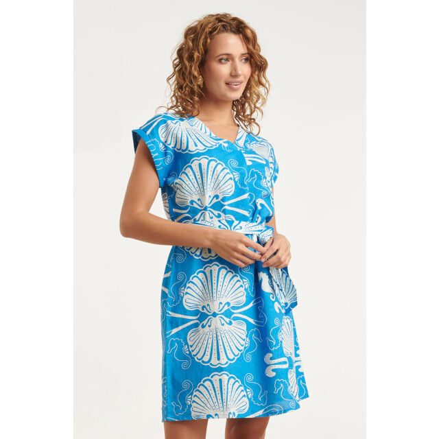 Smashed Lemon Blauwe jurk met witte schelpenprint en ceintuur | 8718679039994 large
