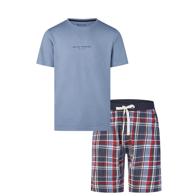 Phil & Co Heren shortama korte pyjama set blauw/rood geruit PH-6203-02 large