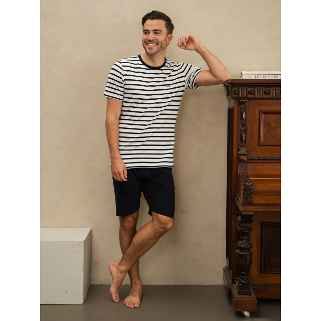 Phil & Co Heren shortama korte pyjama set crème/donkerblauw gestreept PH-6206-02 large