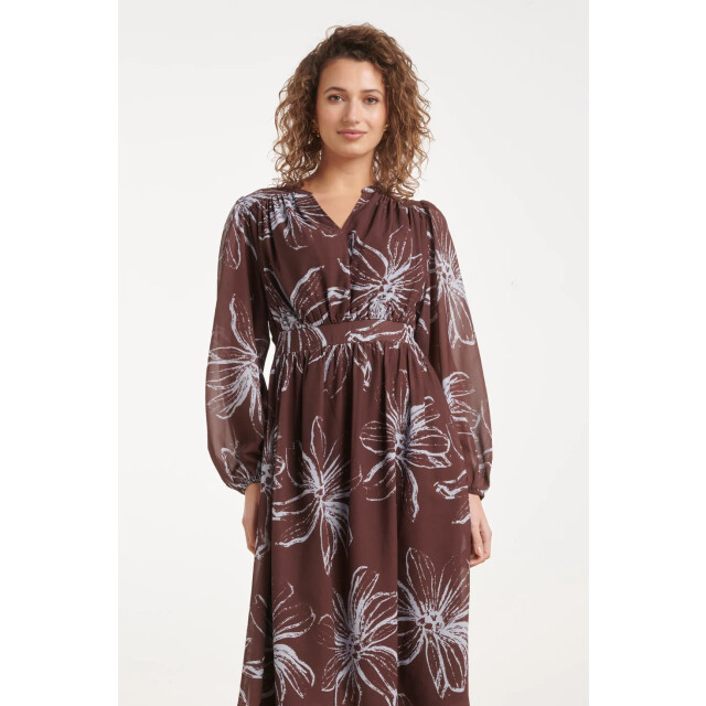 Smashed Lemon Midi jurk met grote bloemenprint in bruin en licht blauw | 8718679061582 large