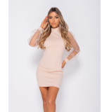 Parisian Organza sheer puff long sleeve bodycon mini dress roze