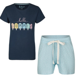 By Louise Dames pyjamaset hello summer print shortama blauw