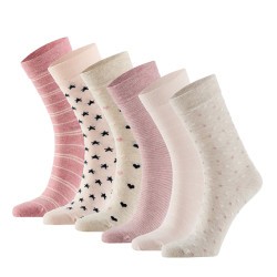 Apollo Dames sokken hartjes gestreept sterren print bio katoen 6-pack beige / roze