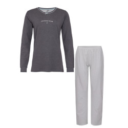 By Louise Dames pyjama set lang interlock effen antraciet / off white