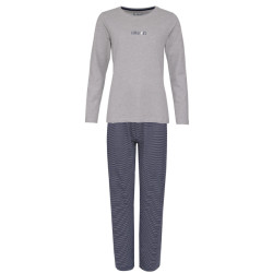 By Louise Dames pyjama set lang katoen grijs / donkerblauw gestreept