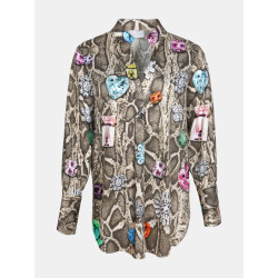 Mucho Gusto Blouse aachen in beige slangenprint met kleurrijke broches