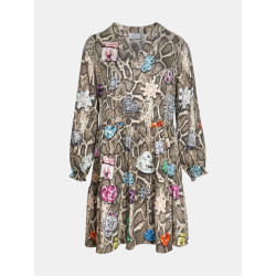 Mucho Gusto Jurk san rafael in beige slangenprint met kleurrijke broches