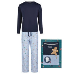 Happy Shorts Heren kerst pyjama set shirt + broek giftbox skiing santa blauw