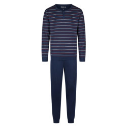 Phil & Co Heren winter pyjama set lang interlock blauw rood/wit gestreept