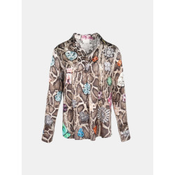 Mucho Gusto Zijden blouse blouse livorno beige met slangenprint en kleurrijke broches