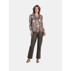 Mucho Gusto Zijden blouse blouse monza beige met slangenprint en kleurrijke broches