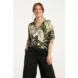 Smashed Lemon 25071 leaf print chiffon top met v-halsflared mouwen |