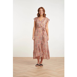 Smashed Lemon 24412 aardetinten satijnen wrap jurk met azteekse print