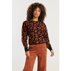 Smashed Lemon Gebreide dierenprint knit top zwart en cognac |