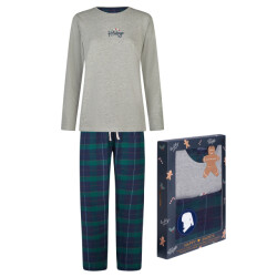 Happy Shorts Dames kerst pyjama set shirt + broek giftbox grijs/groen geruit flanel