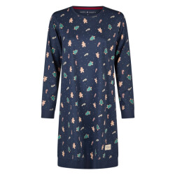 Happy Shorts Dames kerst nachthemd lange mouw donkerblauw gingerbread
