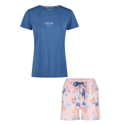 By Louise Dames korte pyjama set shortama blauw/roze gebloemd