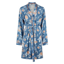 By Louise Dames kimono ochtendjas bamboe viscose blauw/oranje gebloemd