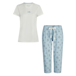 By Louise Dames capri pyjama driekwart broek v-hals wit/blauw gebloemd