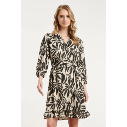 Smashed Lemon Zwart-beige bladerenprint jurk met ceintuur |