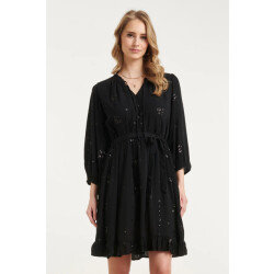 Smashed Lemon Zwarte midi jurk met subtiel goudkleurig bloem borduursel |