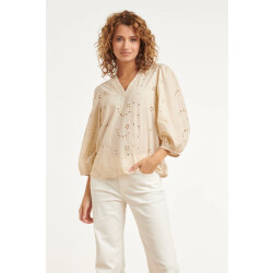 Smashed Lemon Crème blouse met broderie details en lange mouwen |