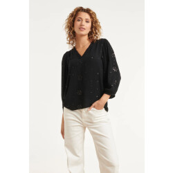 Smashed Lemon Zwarte blouse met subtiel goudkleurig borduursel en v-hals |