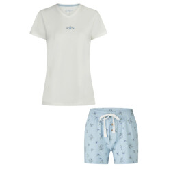 By Louise Dames korte pyjama set shortama wit/lichtblauw gebloemd